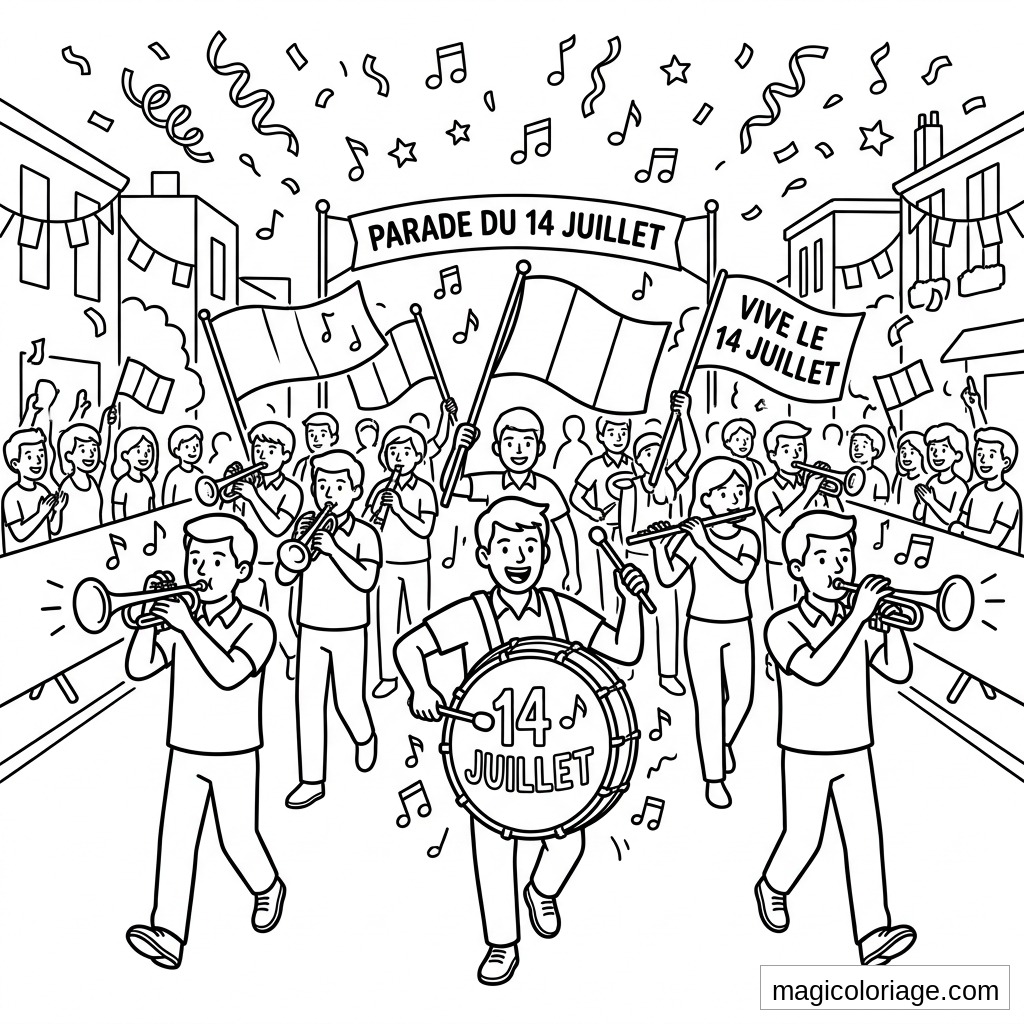 Coloriage 14 Juillet avec parade, fanfare, drapeaux français, confettis et foule en ville