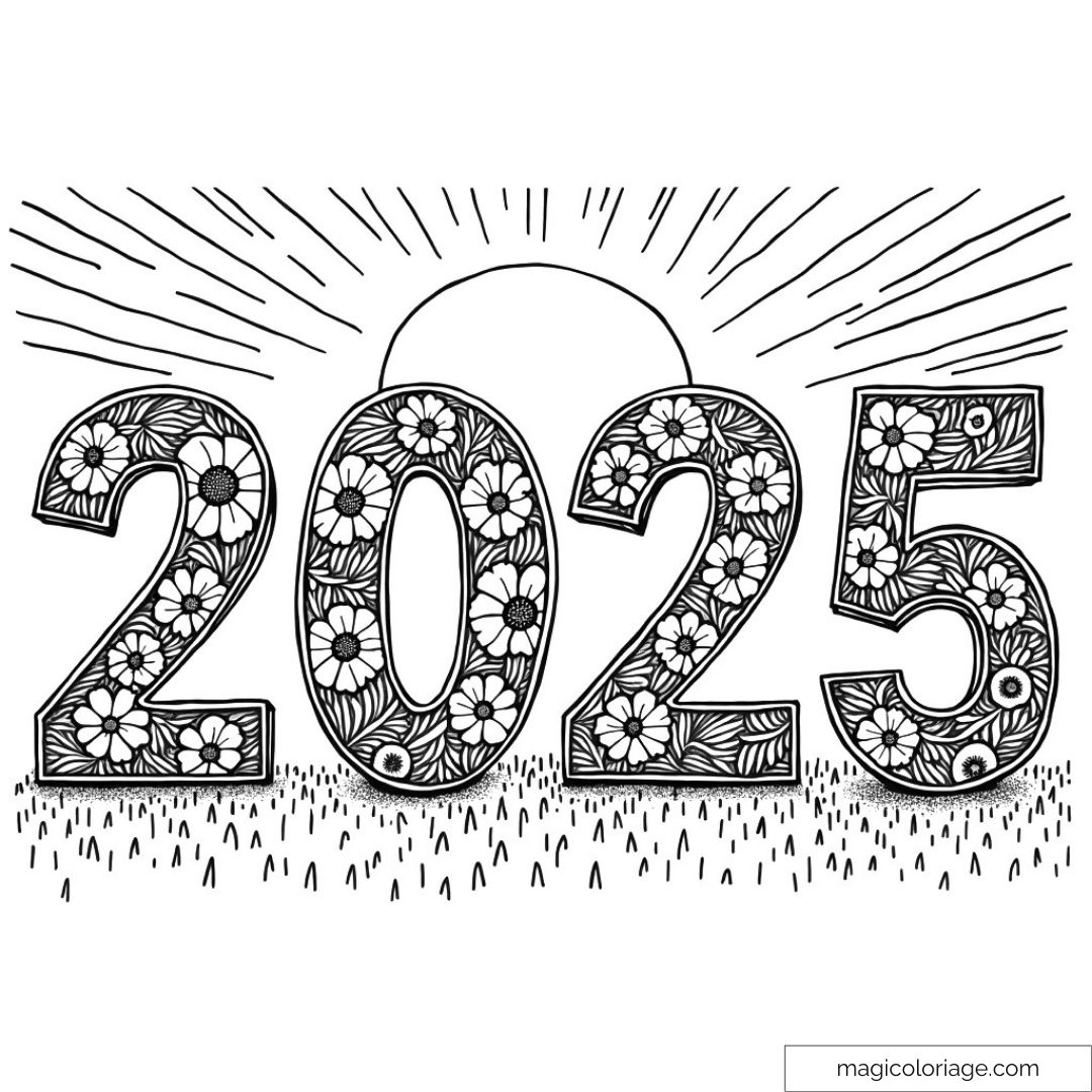 Illustration de chiffres 2025 décorés de fleurs et soleil pour coloriage