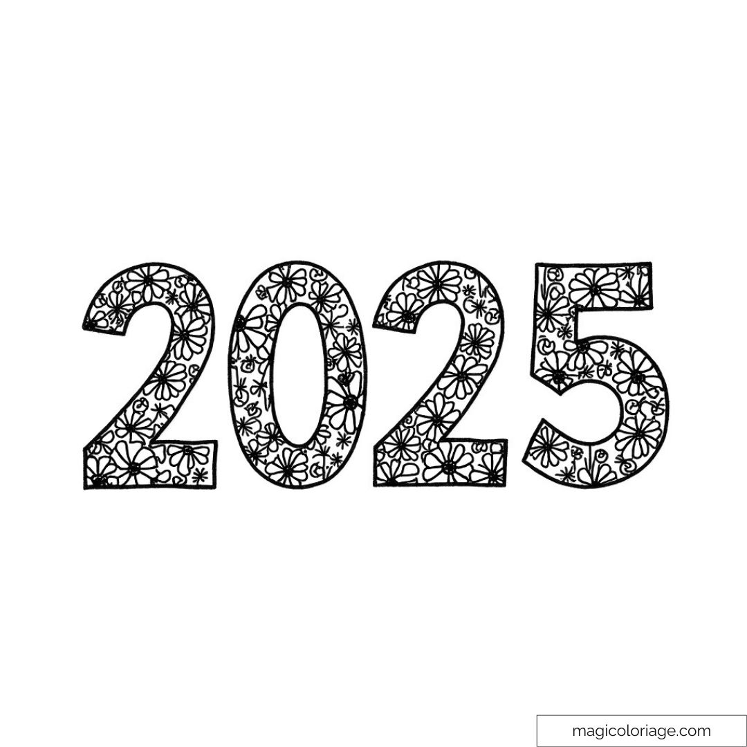 Coloriage détaillé du chiffre 2025 avec motifs floraux pour enfants et adultes.