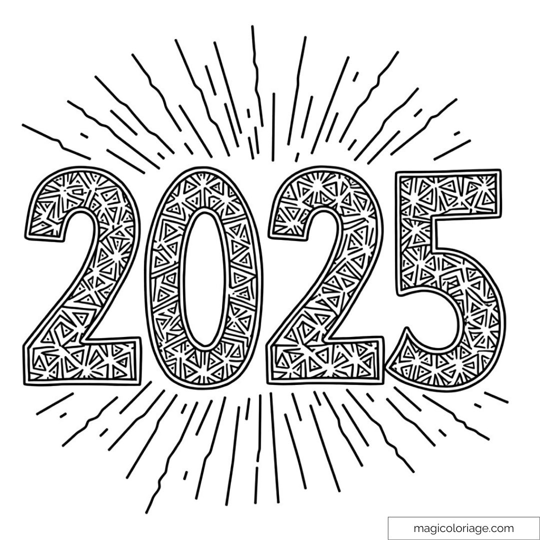 Coloriez l'année 2025 avec motifs festifs pour un Nouvel An créatif.