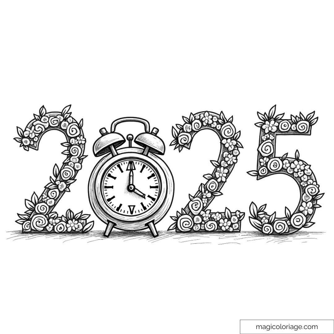 Dessin de 2025 orné de fleurs avec un réveil au centre pour coloriage.