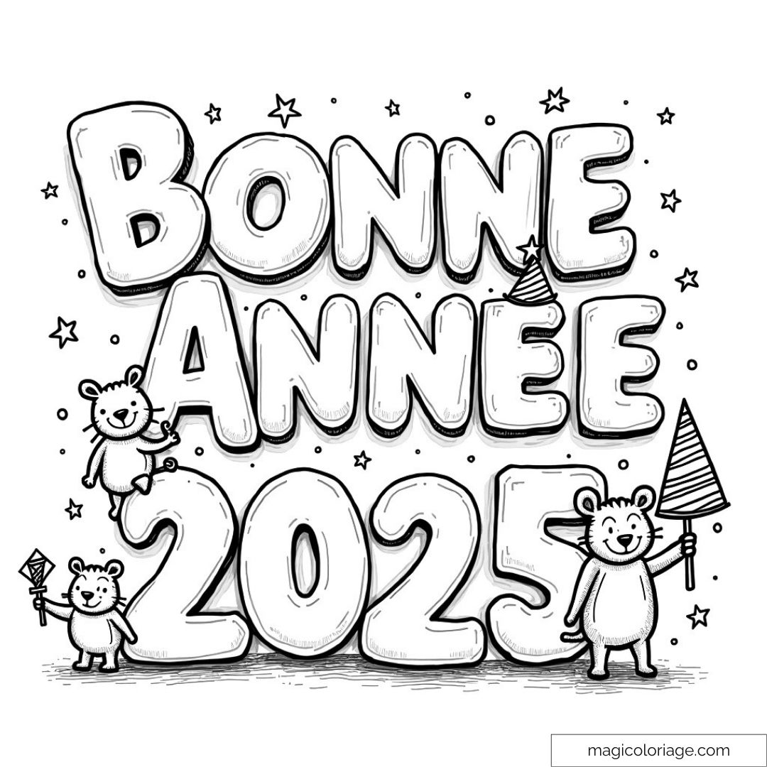 Image de Bonne Année 2025 avec trois ours et motifs festifs.