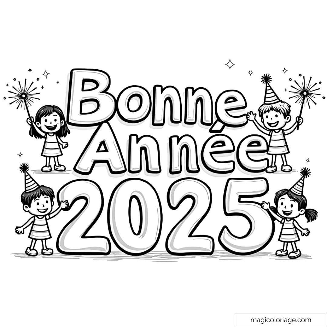 Coloriage "Bonne Année 2025" avec enfants