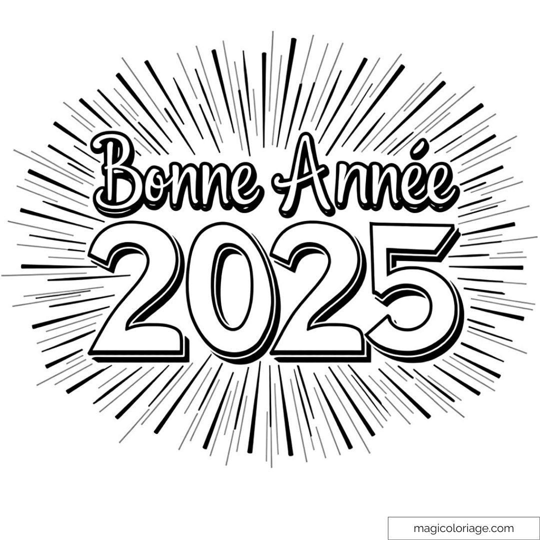 Image à colorier "Bonne Année 2025" avec rayons festifs.