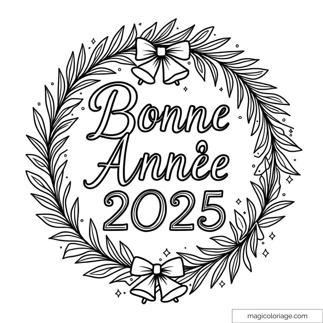 Couronne de Noël "Bonne Année 2025" avec feuillage et nœuds à colorier