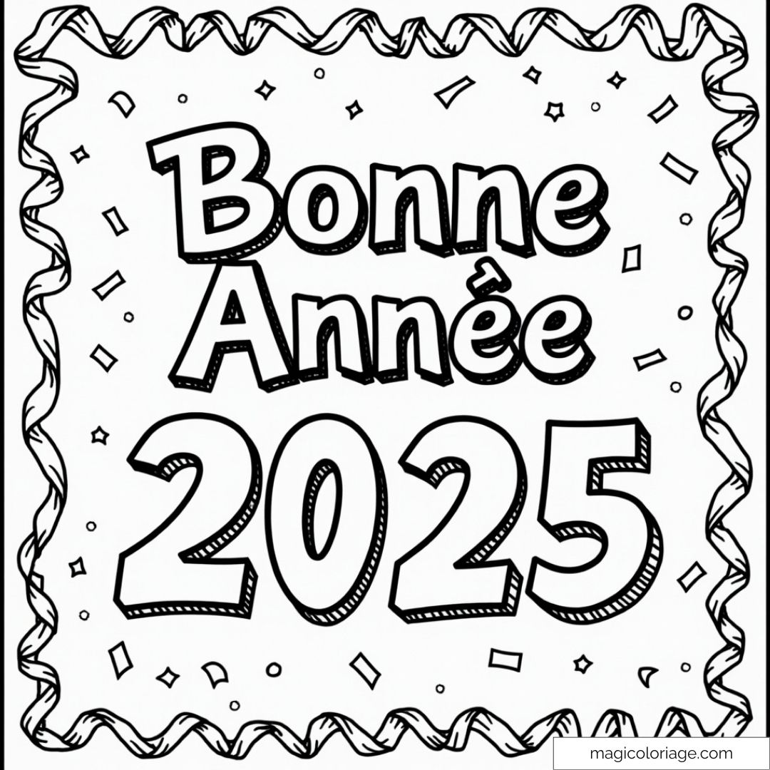 Dessin de Bonne Année 2025 avec décor festif à colorier.