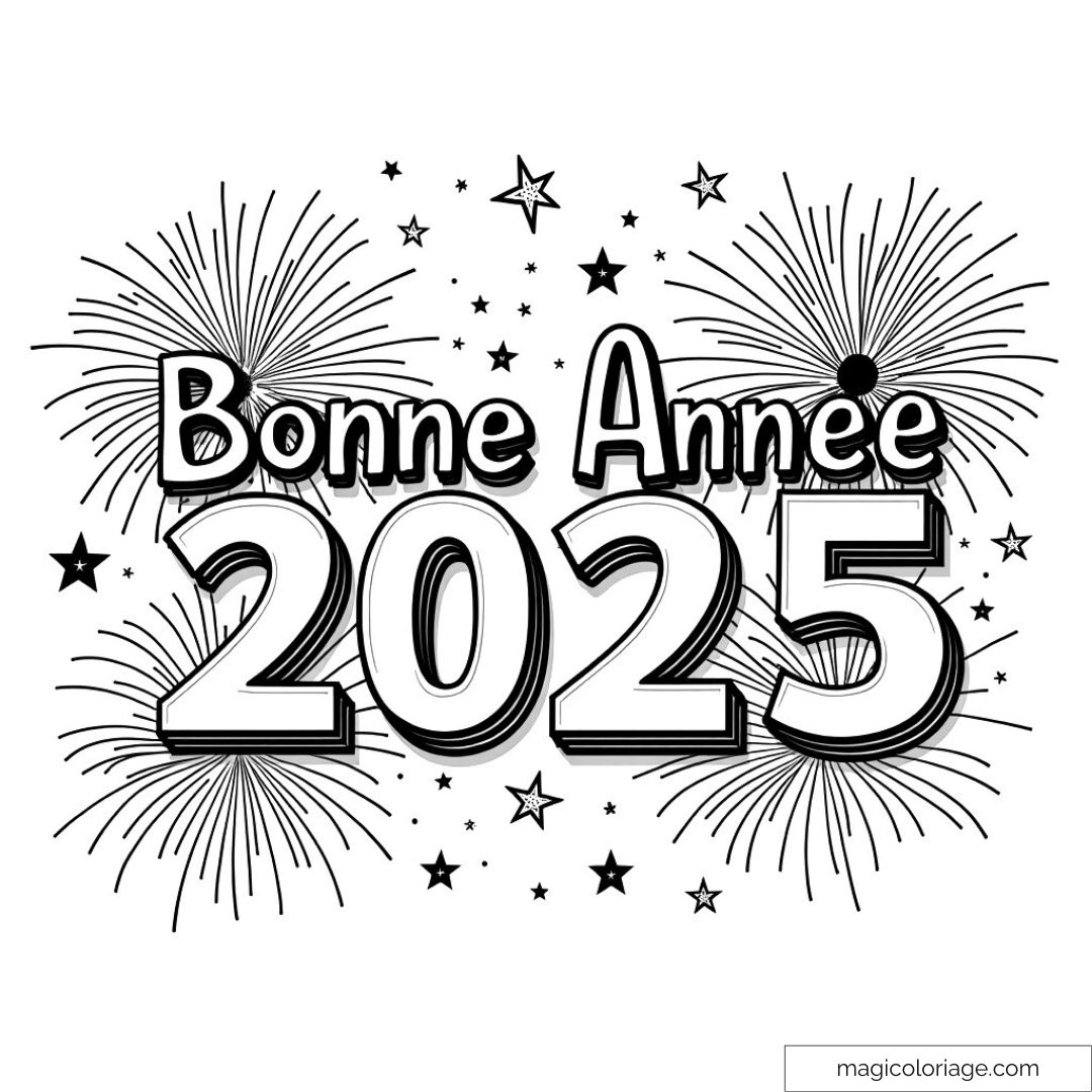 Illustration de feux d'artifice et texte Bonne Année 2025 à colorier