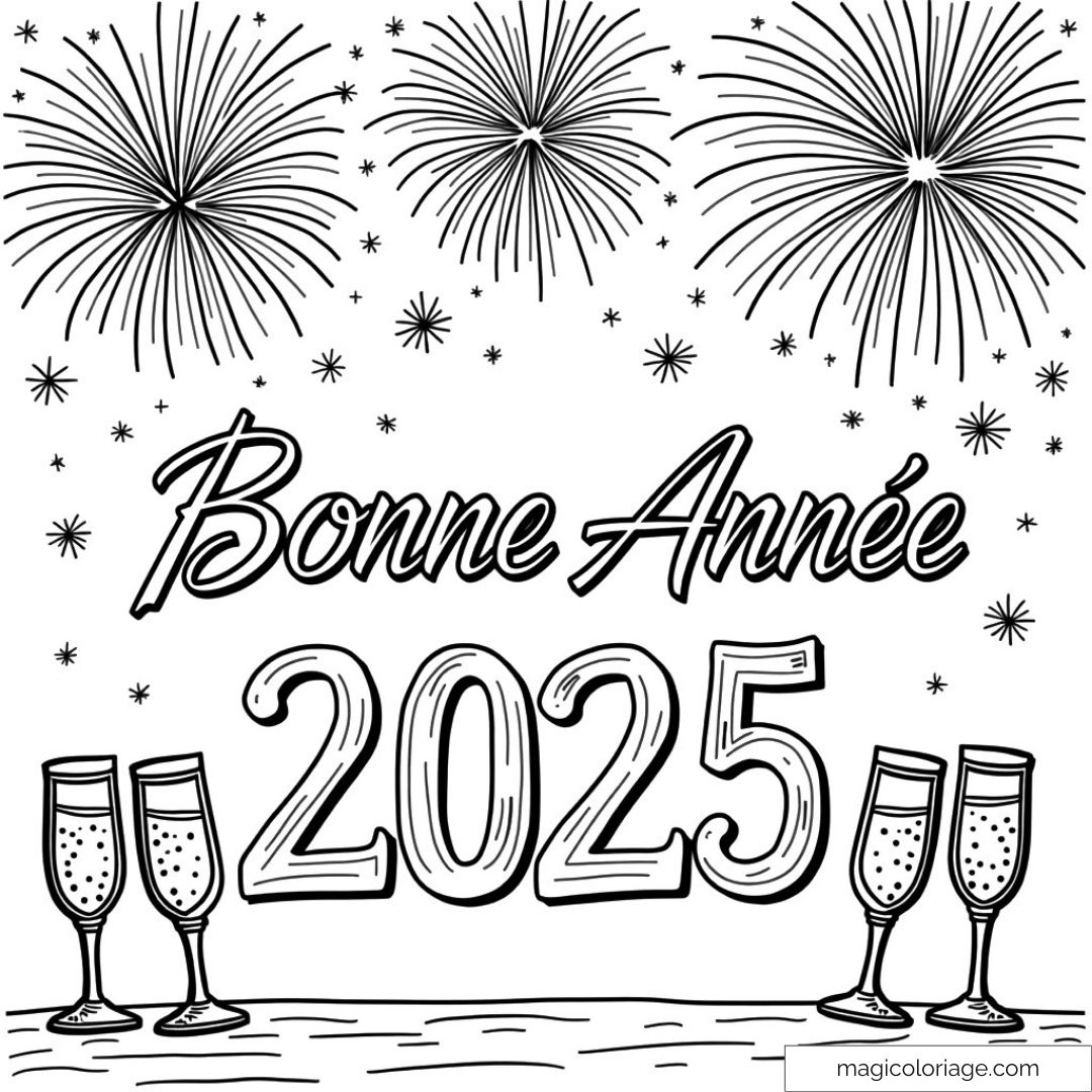 Dessin de feux d'artifice et "Bonne Année 2025" à colorier.