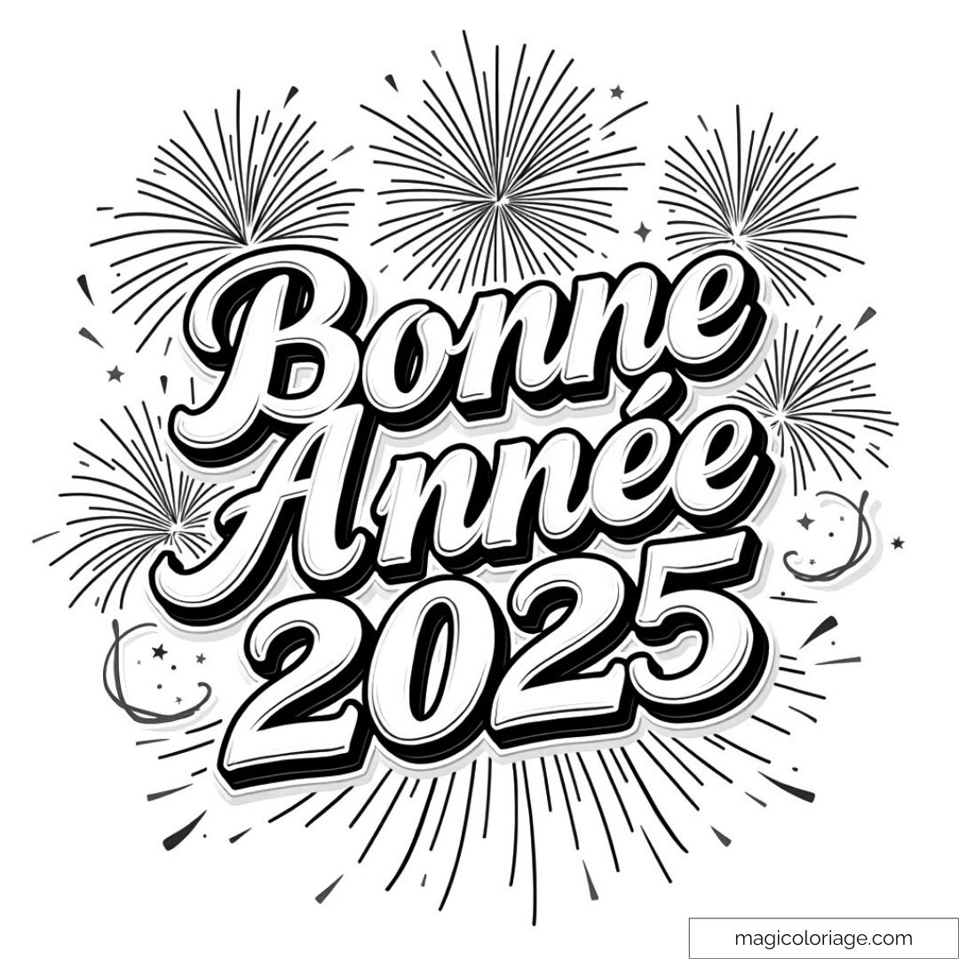 Dessin "Bonne Année 2025" avec feux d'artifice pour coloriage festif.