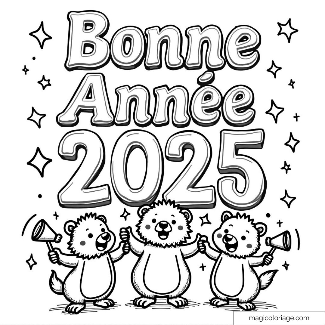 Trois ours mignons célébrant la Bonne Année 2025 avec cotillons et étoiles.