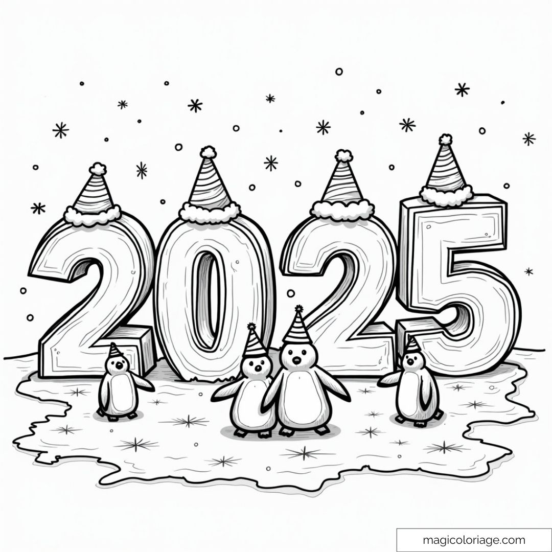 Image de 2025 en pingouins festifs avec chapeaux de fête