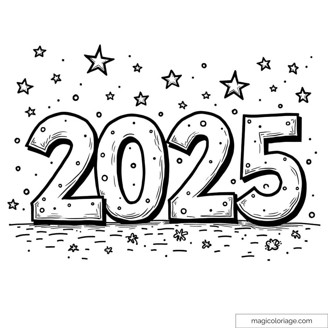 Coloriage de l'année 2025 entourée d'étoiles et de motifs festifs.