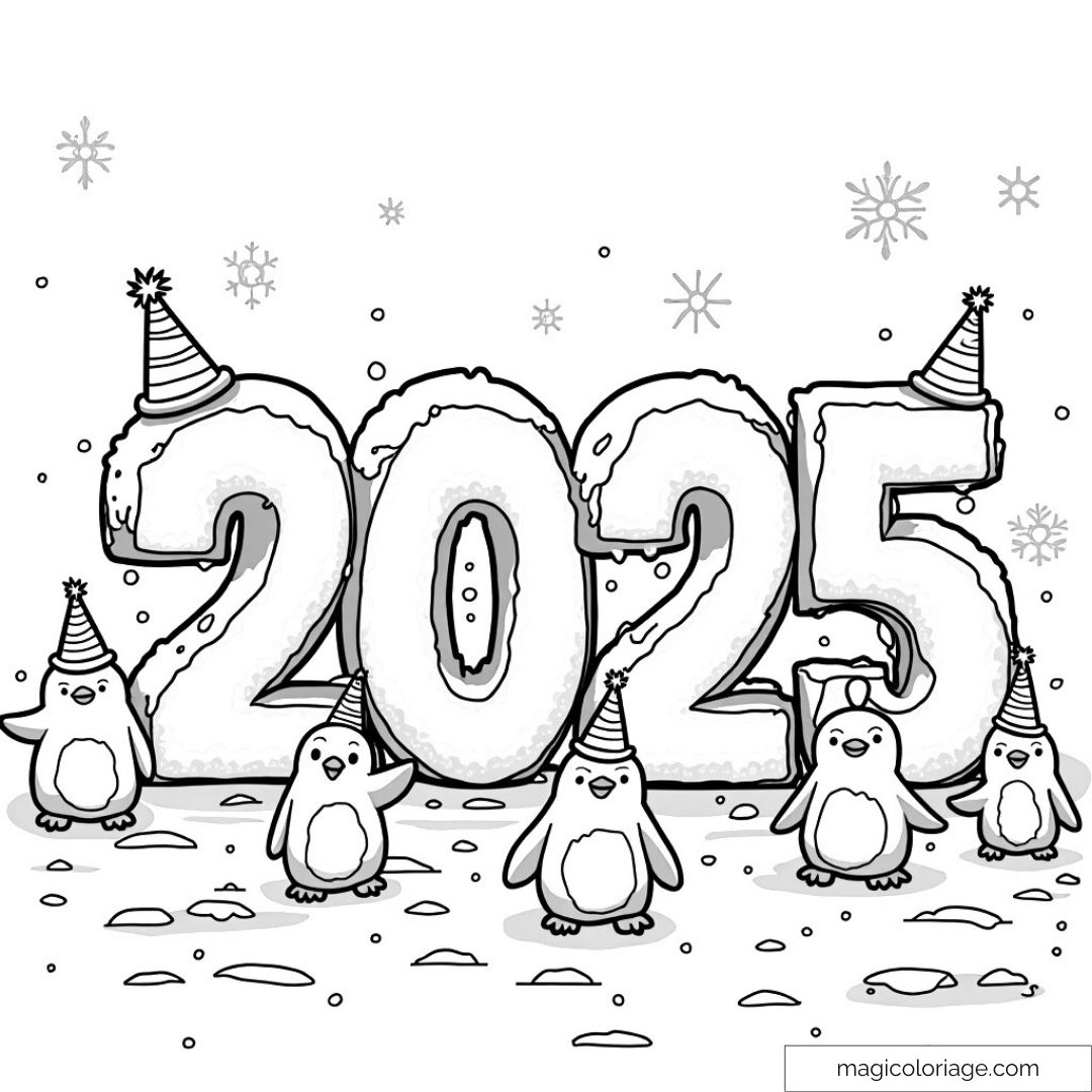 Pingouins festifs et chiffres 2025 enneigés à colorier