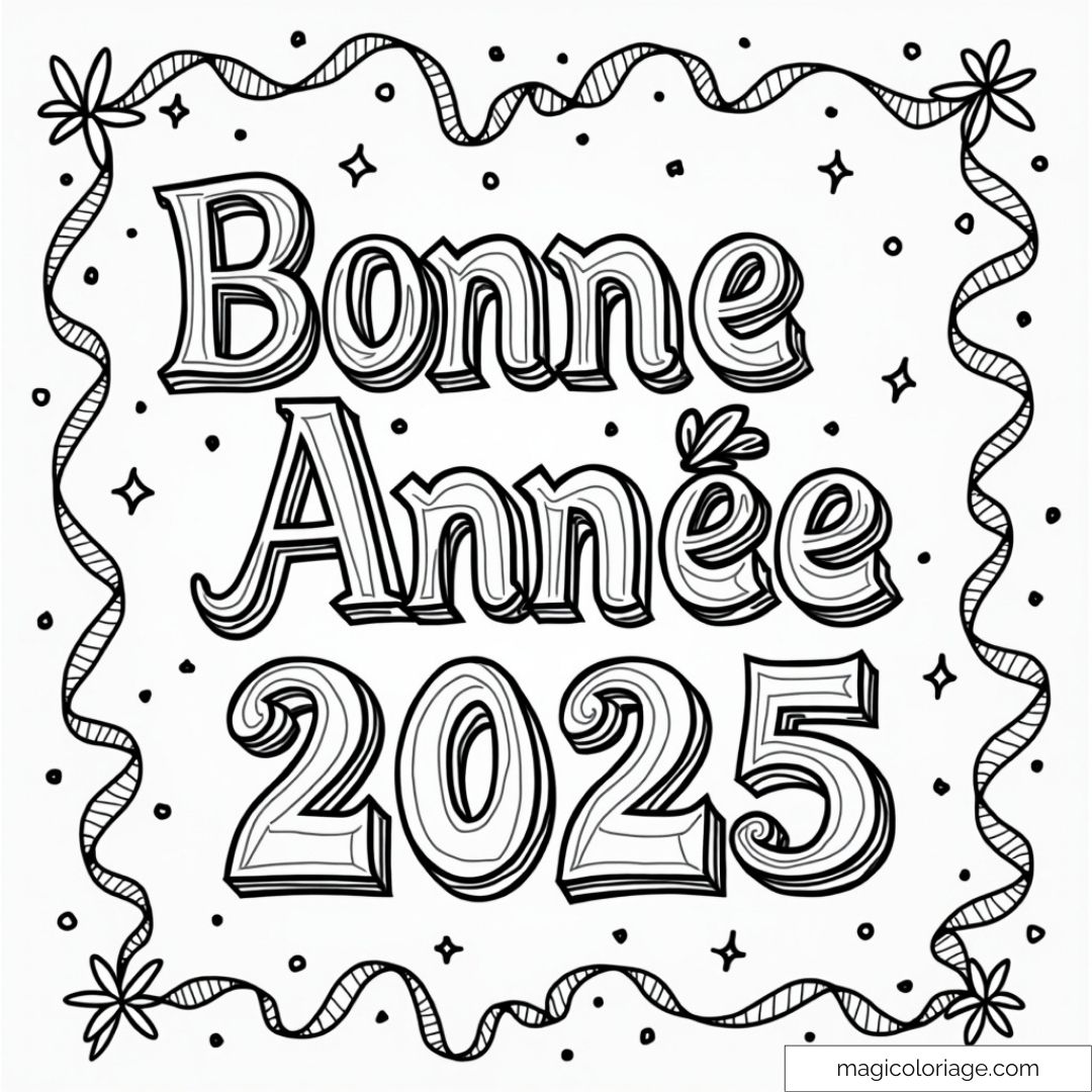 Coloriage texte Bonne Année 2025 entouré de décorations festives
