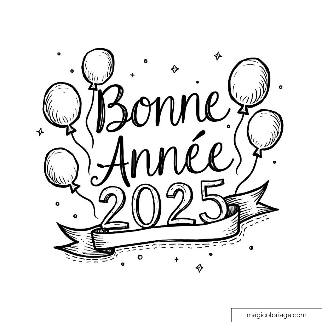Image de ballons avec texte "Bonne Année 2025" en noir et blanc.
