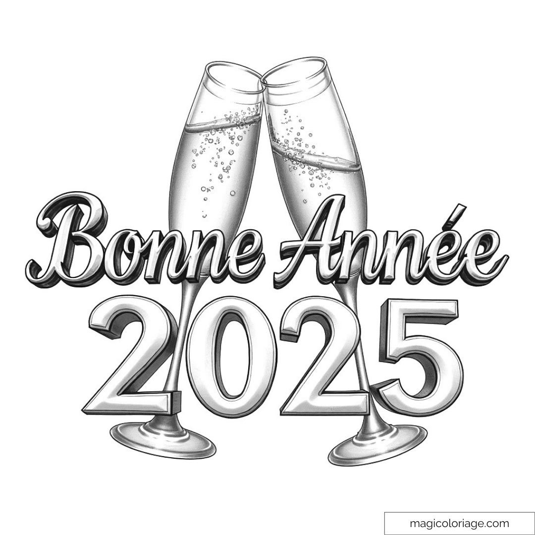 Dessin de "Bonne Année 2025" avec flûtes de champagne prêtes à colorier