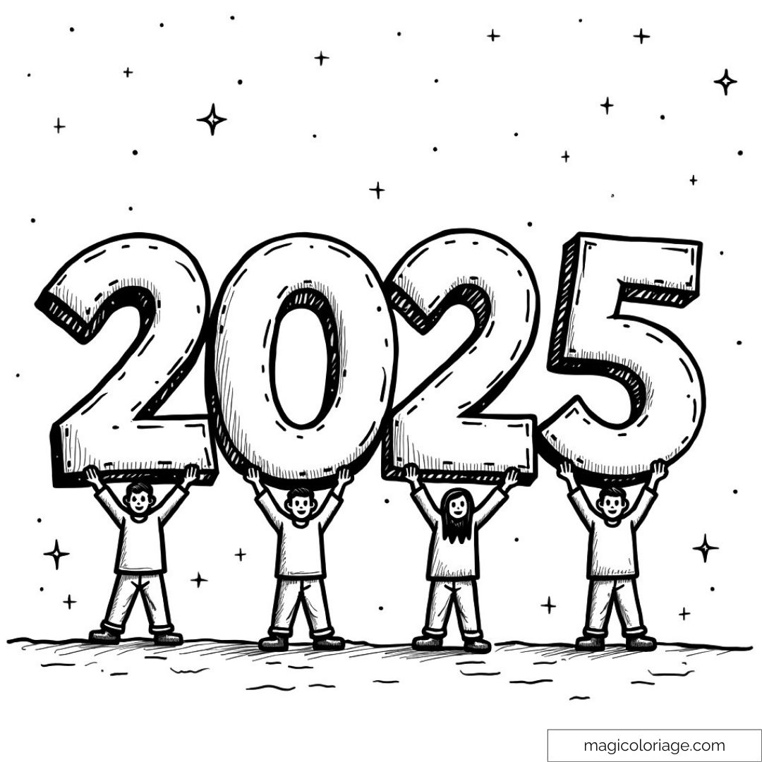 Coloriage 2025 avec enfants tenant les chiffres