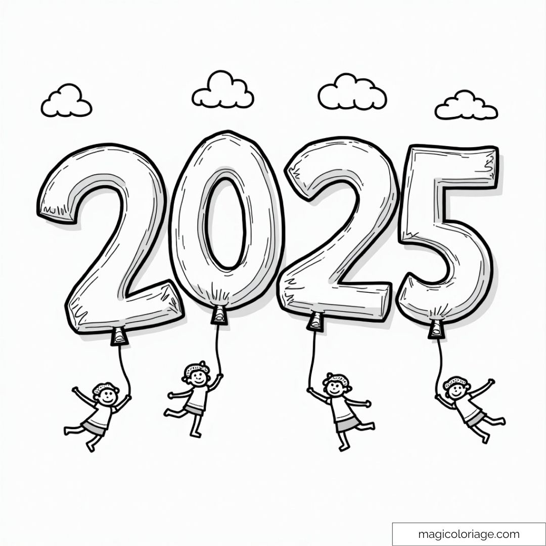 Dessin de ballons formant '2025' avec enfants