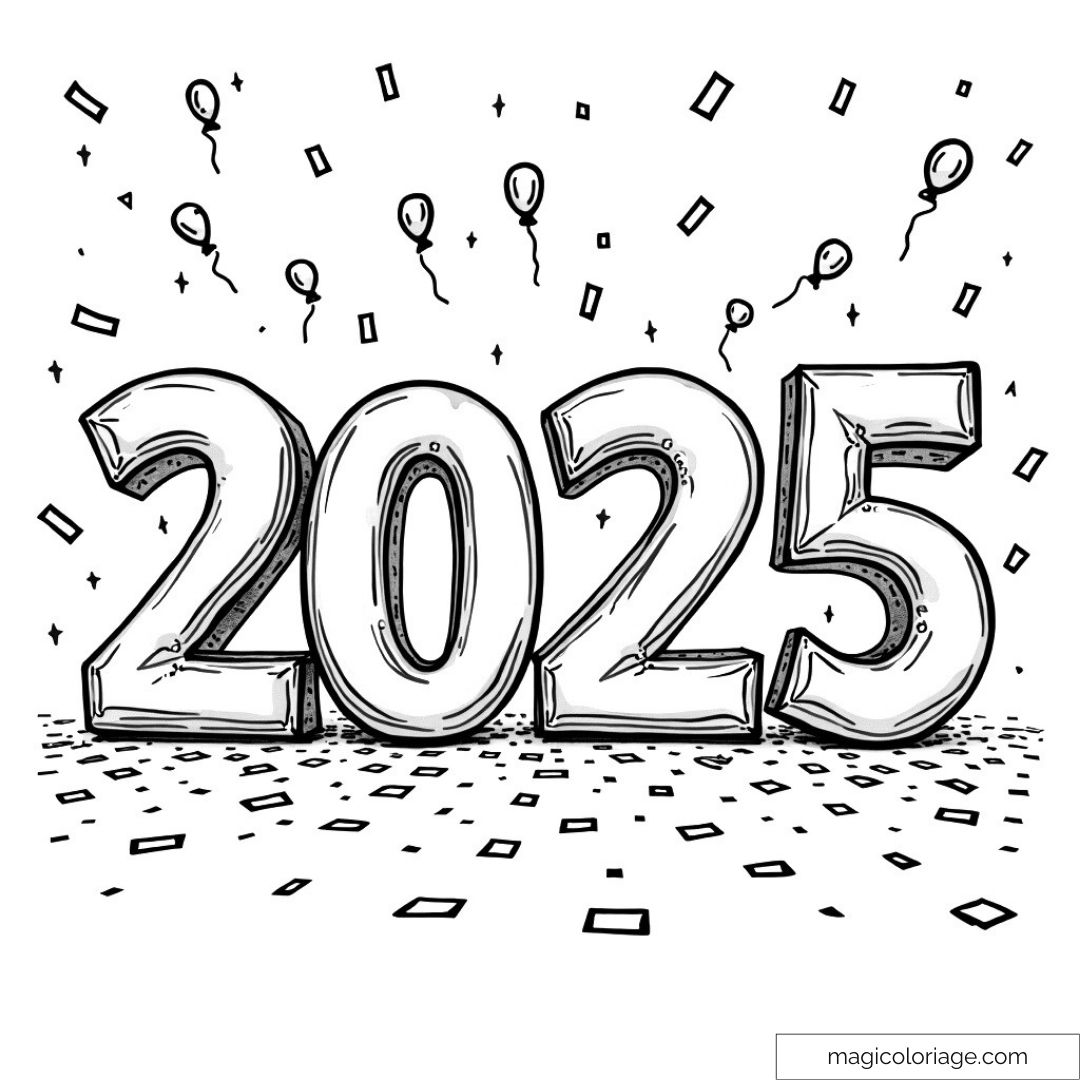 Dessin à colorier de l'année 2025 avec ballons et confettis