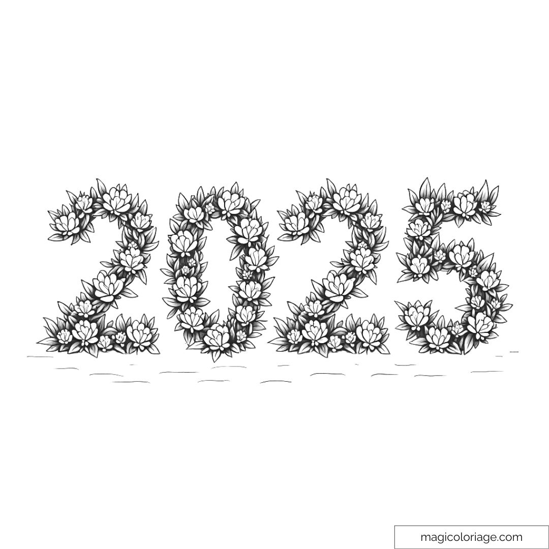 Coloriage 2025 floral avec fleurs élaborées sur les chiffres.