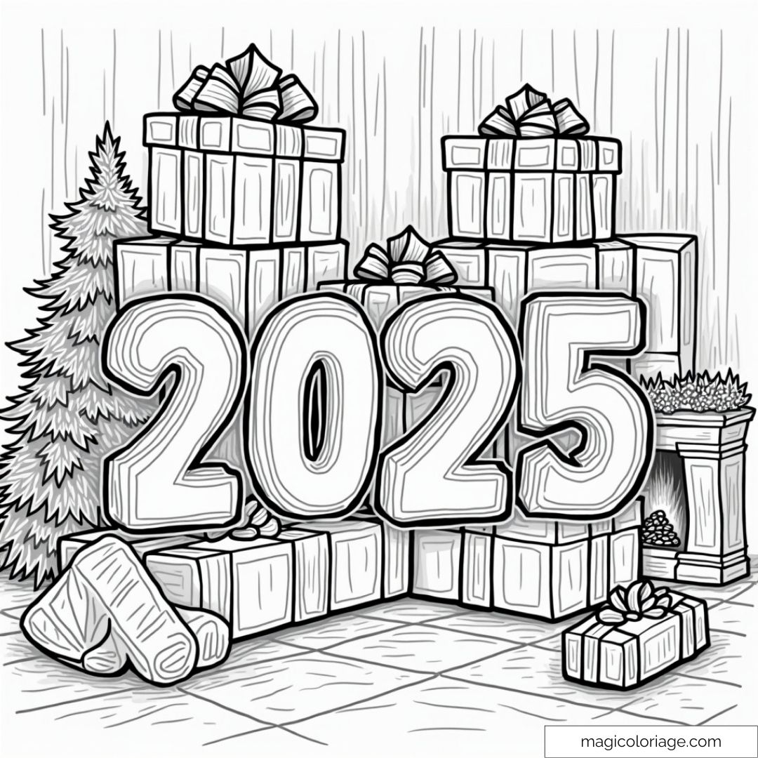 Dessin de Noël avec cadeaux et sapin pour 2025
