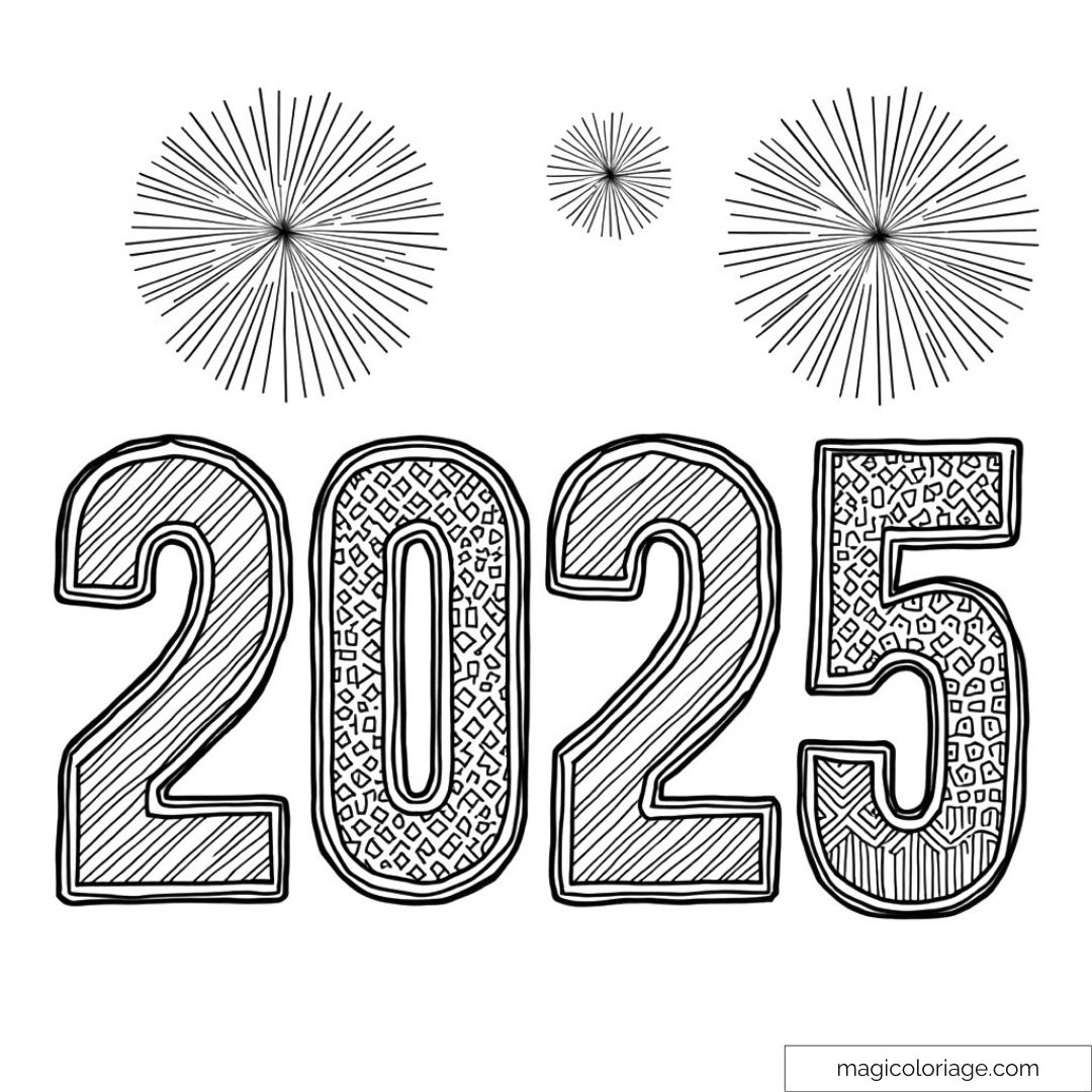 Dessin à colorier avec l'année 2025 et feux d'artifice.