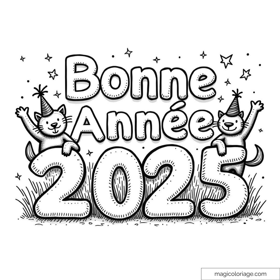 Dessin de chats avec chapeaux de fête célébrant le Nouvel An 2025
