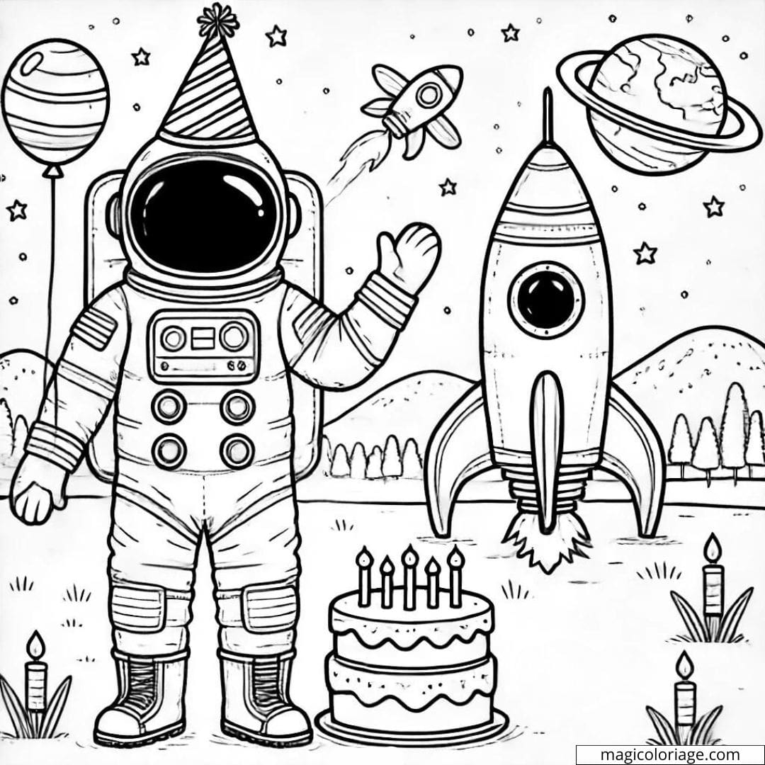 Coloriage anniversaire avec astronaute et fusée à imprimer
