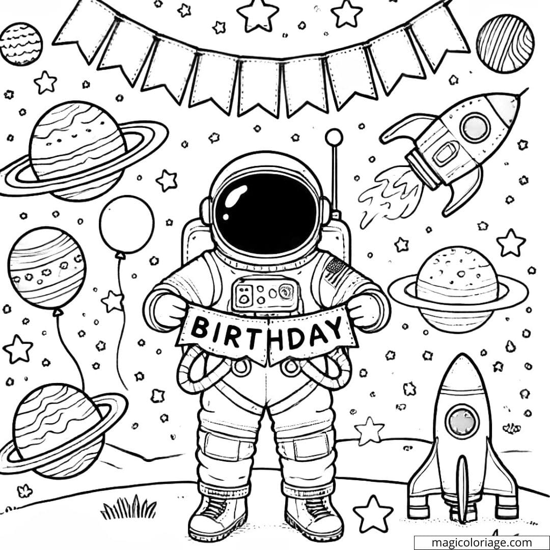 Coloriage anniversaire avec astronaute à imprimer
