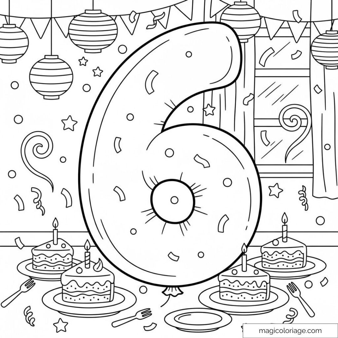 Coloriage ballon numéro 6 et gâteaux d'anniversaire avec décorations festives.