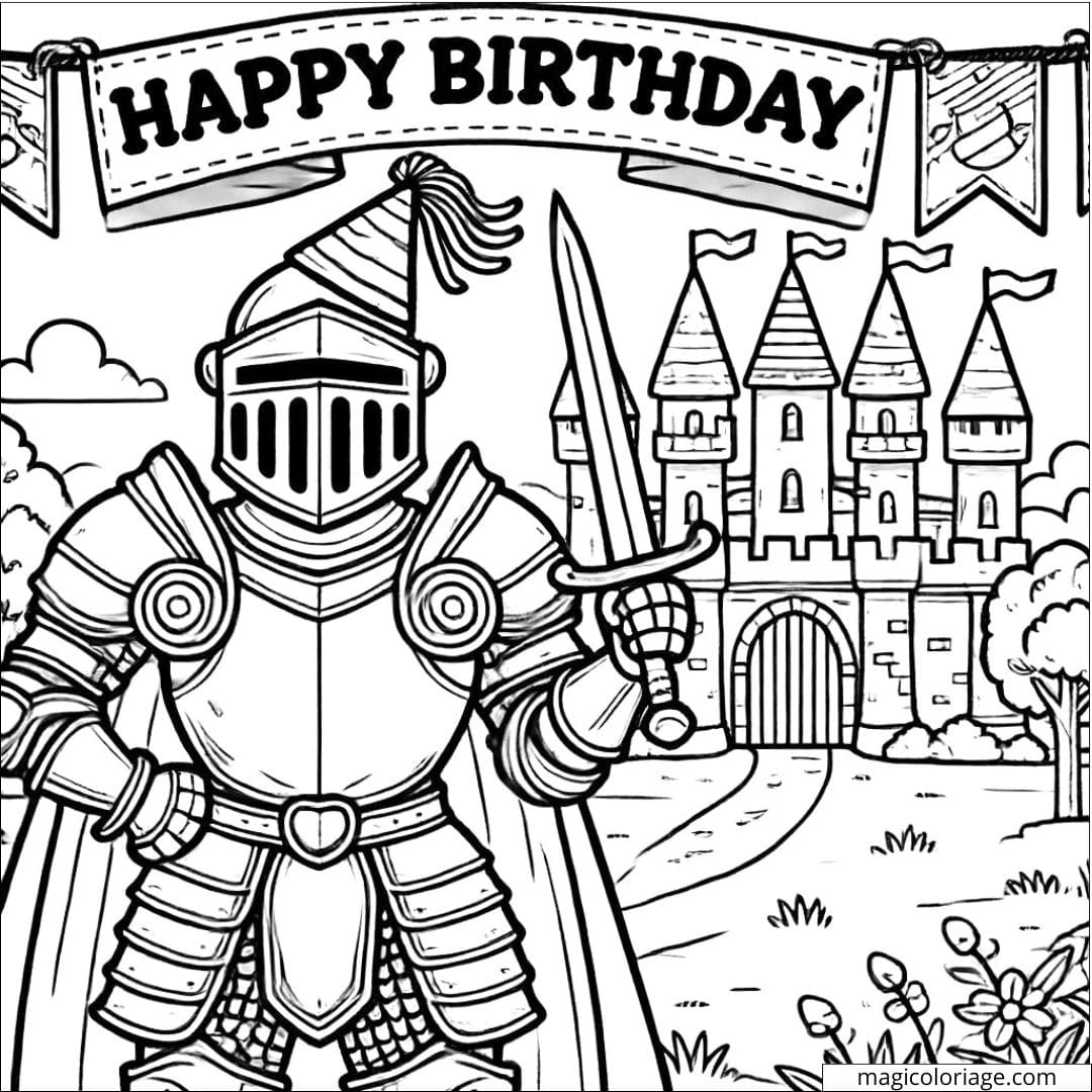 Coloriage anniversaire avec chevalier à imprimer