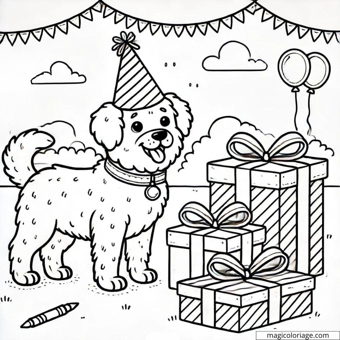 Coloriage anniversaire avec chien et cadeaux à imprimer