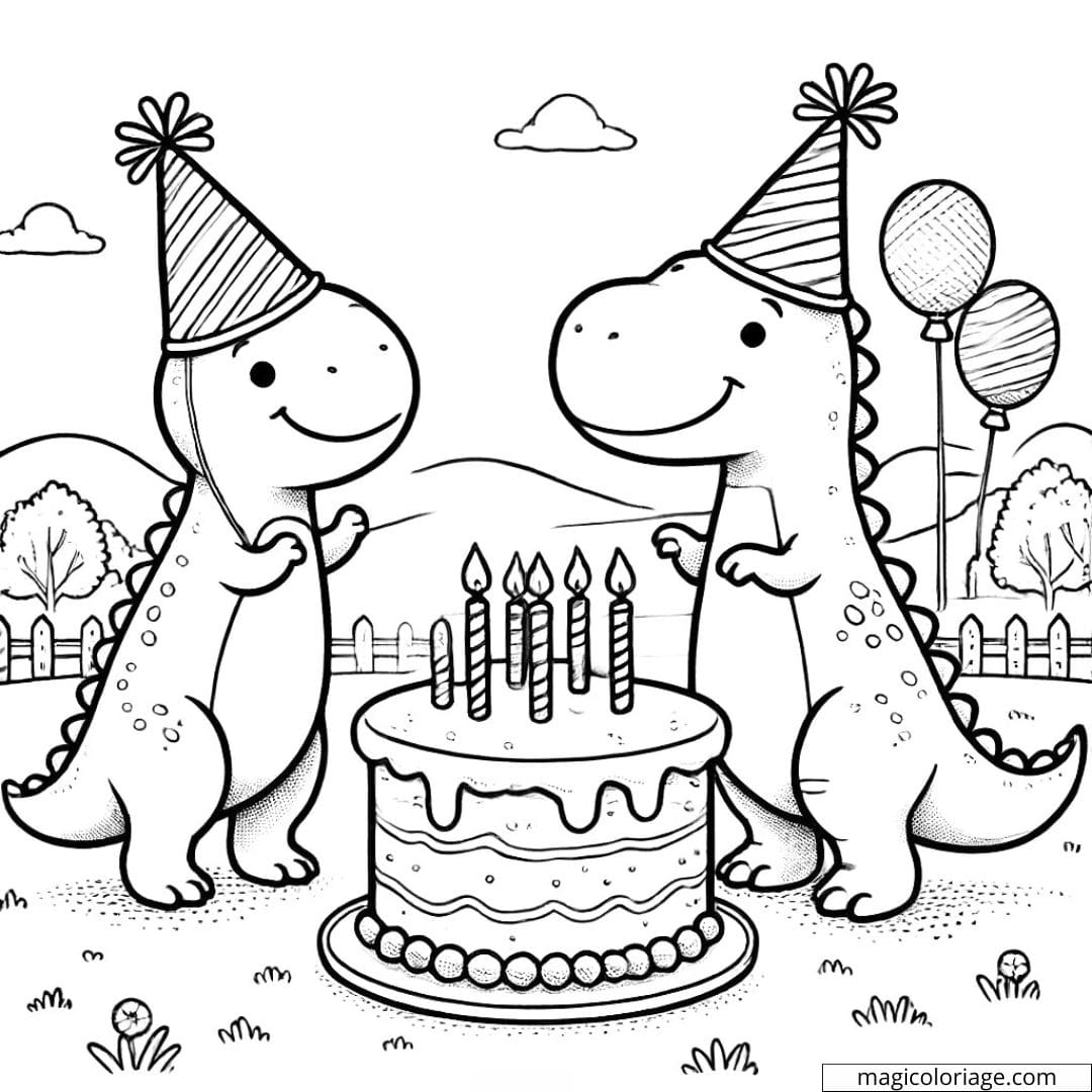 Coloriage anniversaire avec dinosaure et gâteau à imprimer