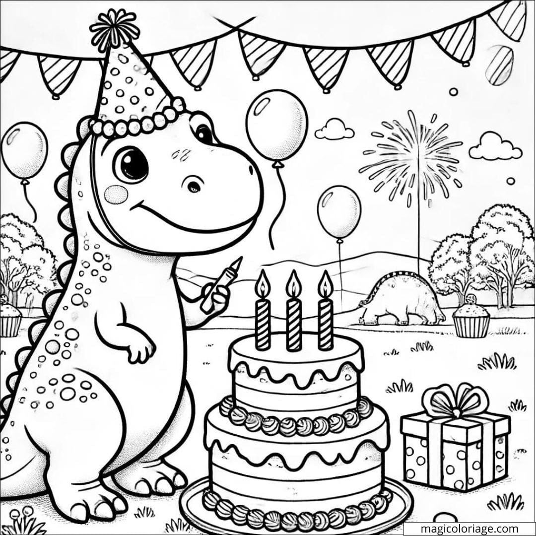 Coloriage anniversaire avec dinosaure à imprimer