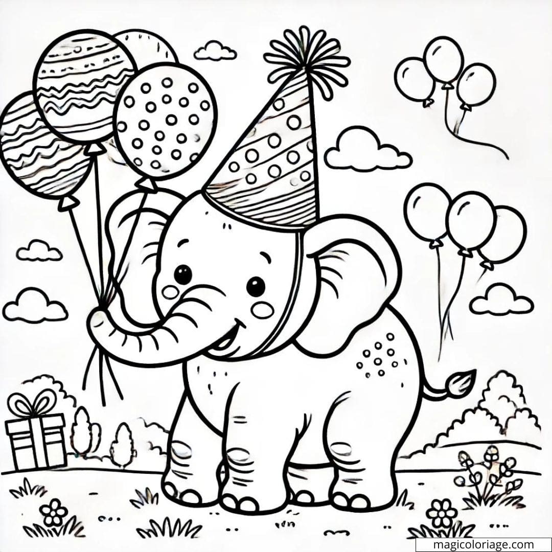 Coloriage anniversaire avec éléphant et ballons à imprimer