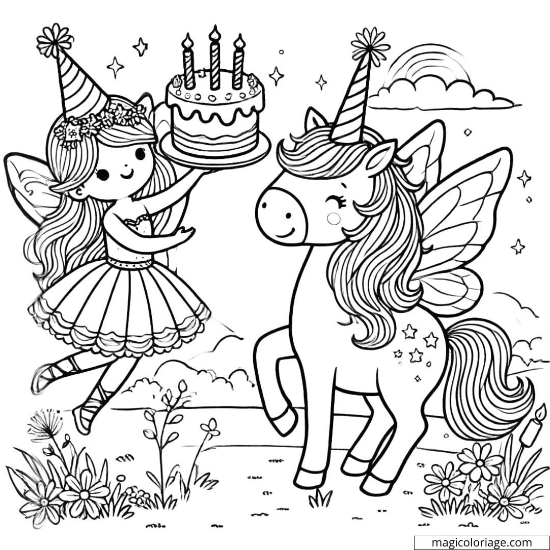 Coloriage anniversaire avec fée et licorne à imprimer