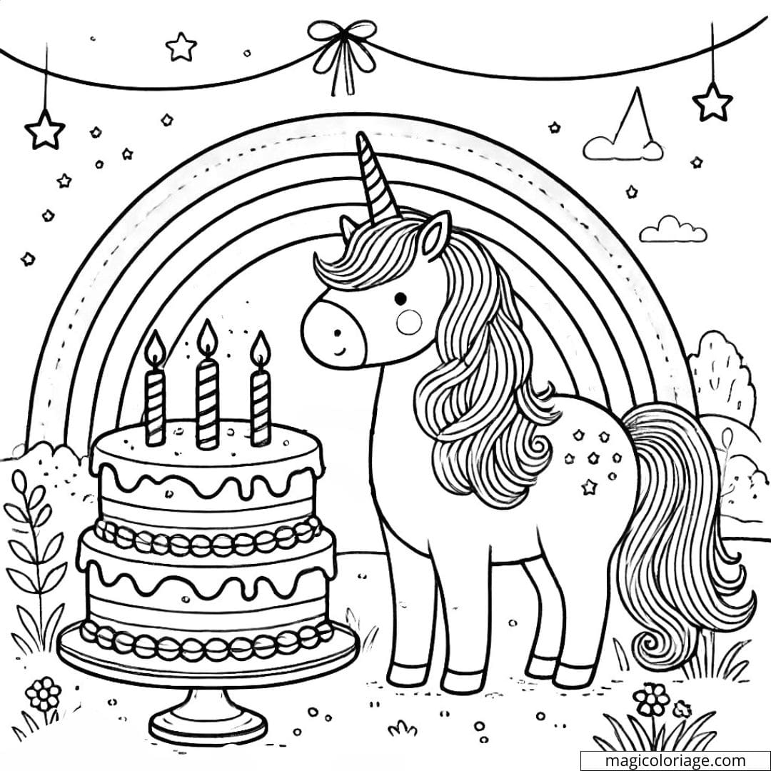 Coloriage anniversaire avec licorne et arc-en-ciel à imprimer