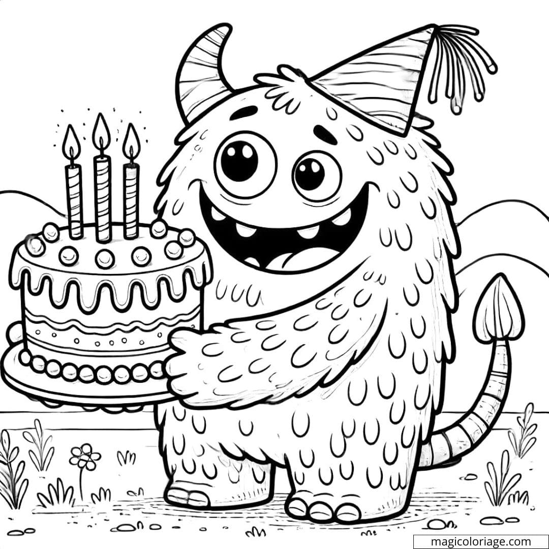 Coloriage anniversaire avec monstre gentil à imprimer