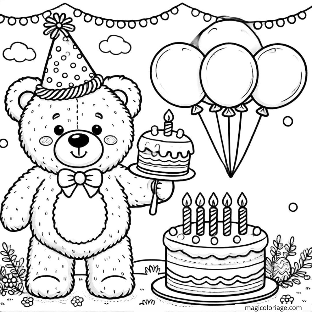 Coloriage anniversaire avec ours en peluche à imprimer