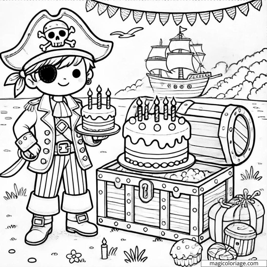Coloriage anniversaire avec pirate et trésor à imprimer