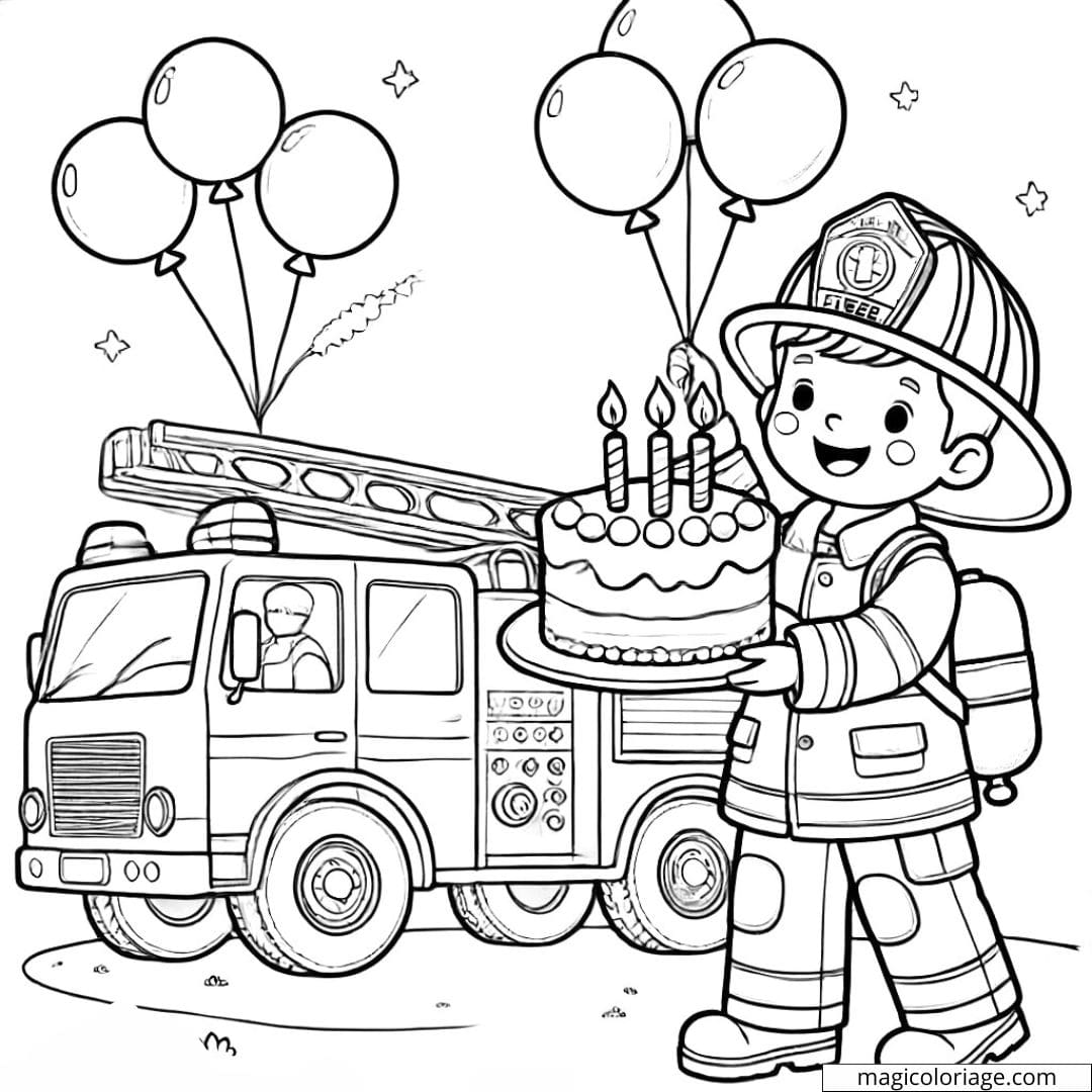 Coloriage anniversaire avec pompier à imprimer