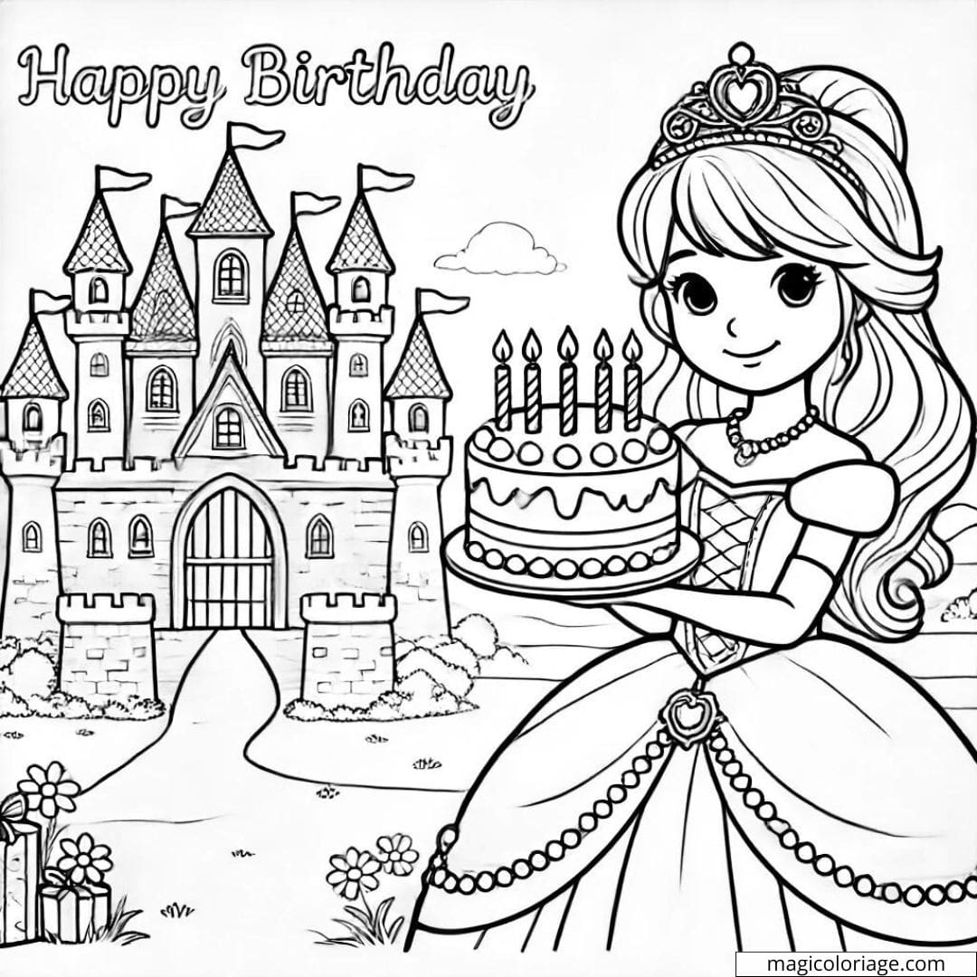 Coloriage anniversaire avec princesse et château à imprimer