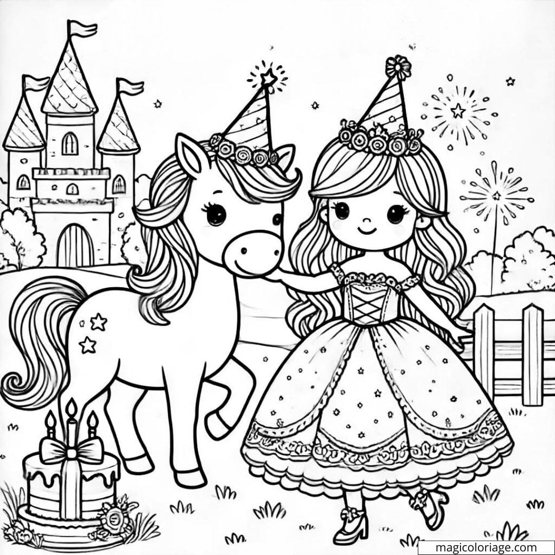Coloriage anniversaire avec princesse et licorne à imprimer