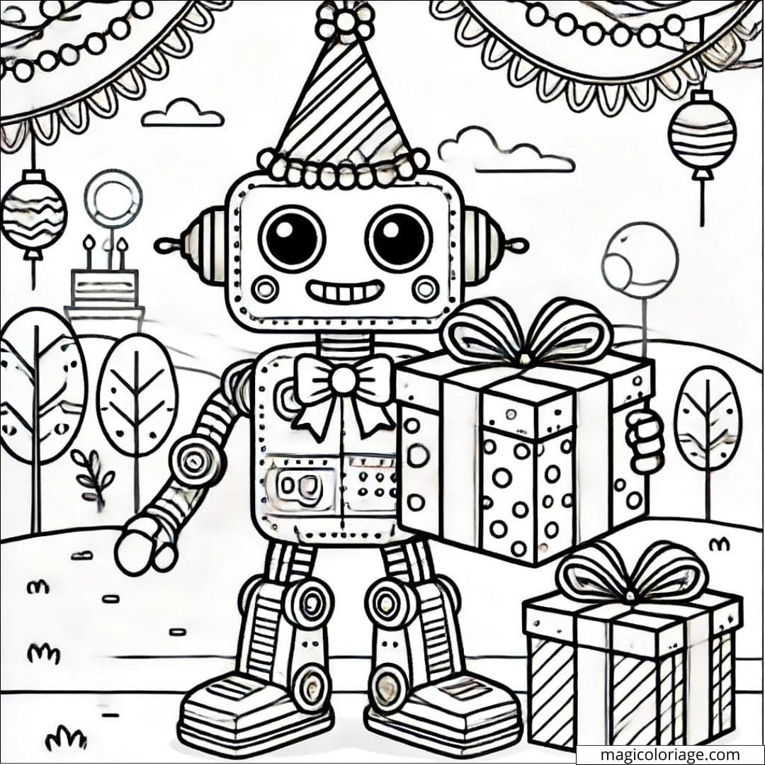 Coloriage anniversaire avec robot à imprimer
