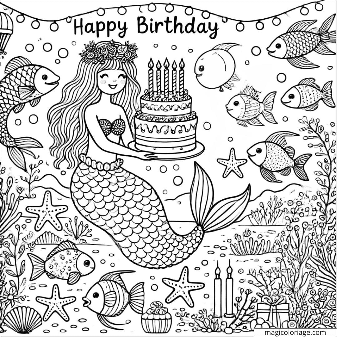 Coloriage anniversaire avec sirène à imprimer