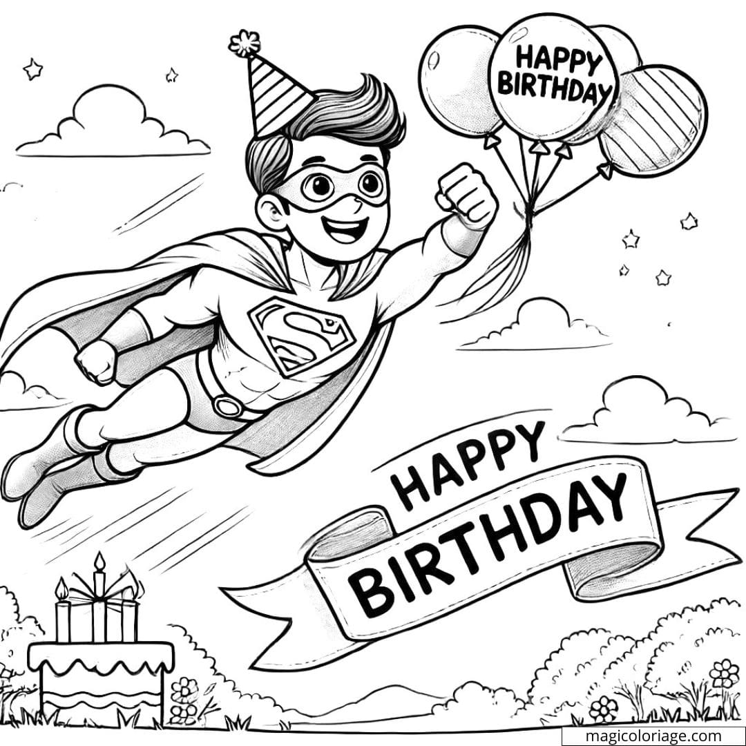 Coloriage anniversaire avec super-héros à imprimer