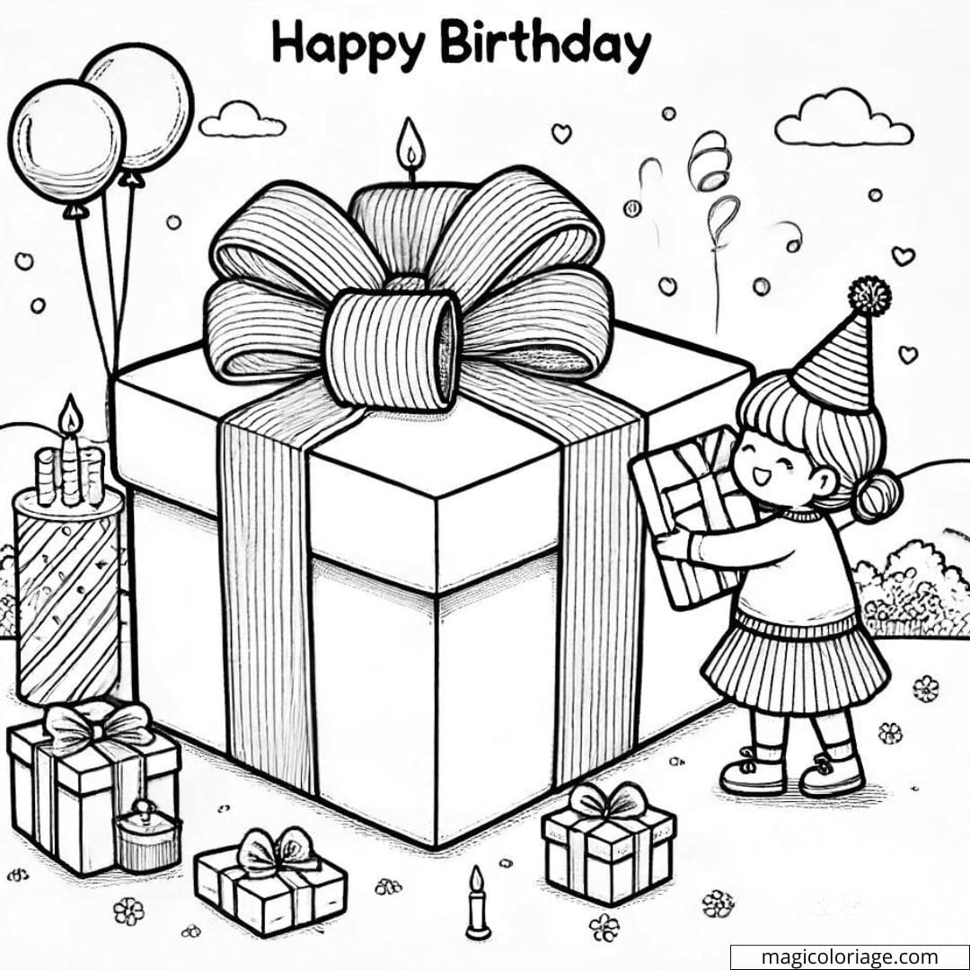 Coloriage anniversaire avec un cadeau surprise à imprimer