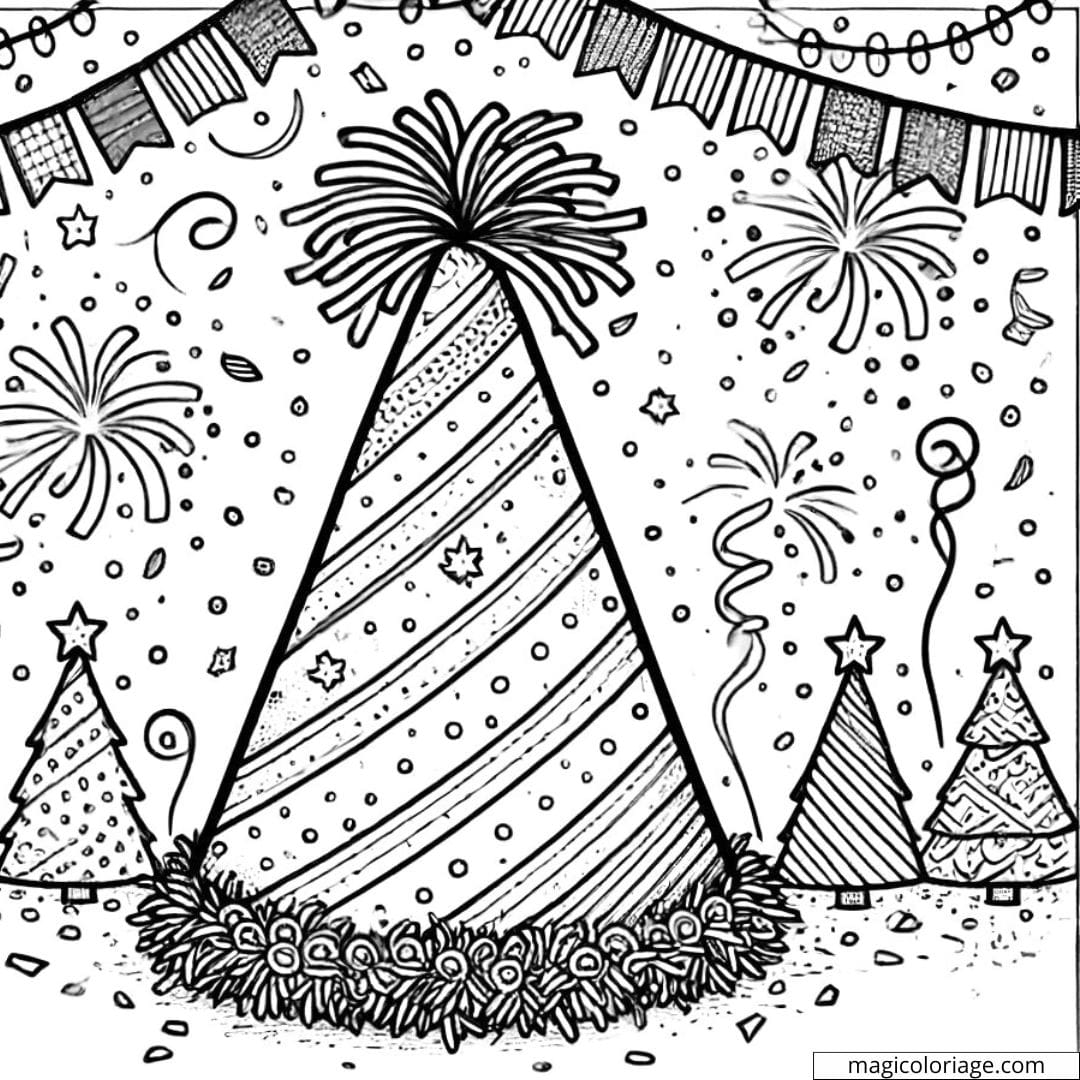 Coloriage anniversaire avec un chapeau de fête et confettis à imprimer