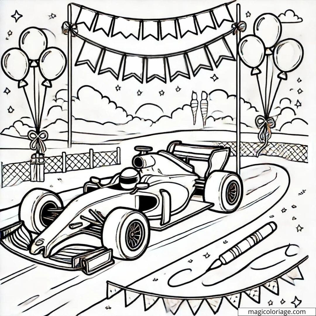 Coloriage anniversaire avec voiture de course à imprimer