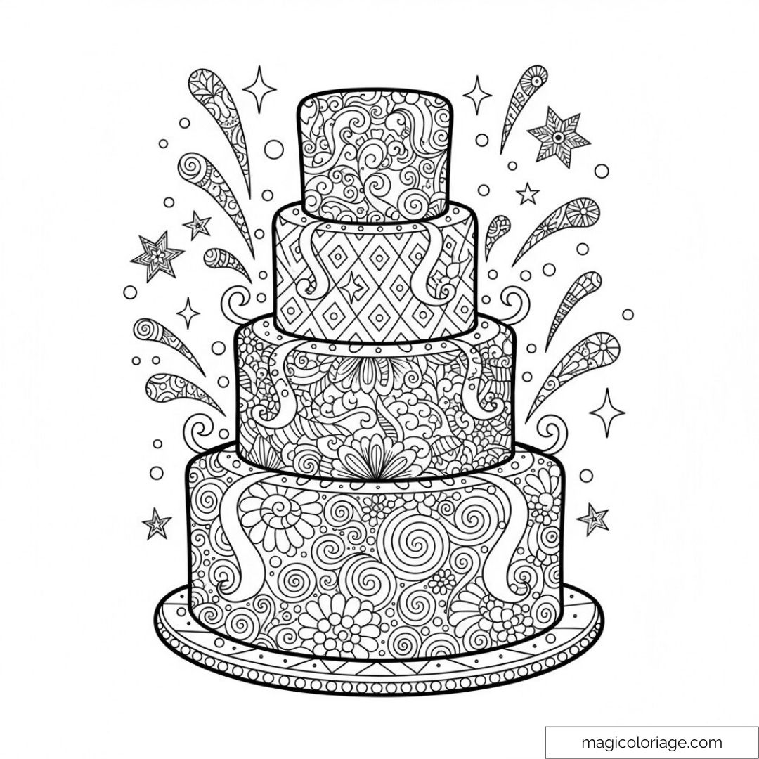 Gâteau décoratif à étages avec motifs mandalas et éclats